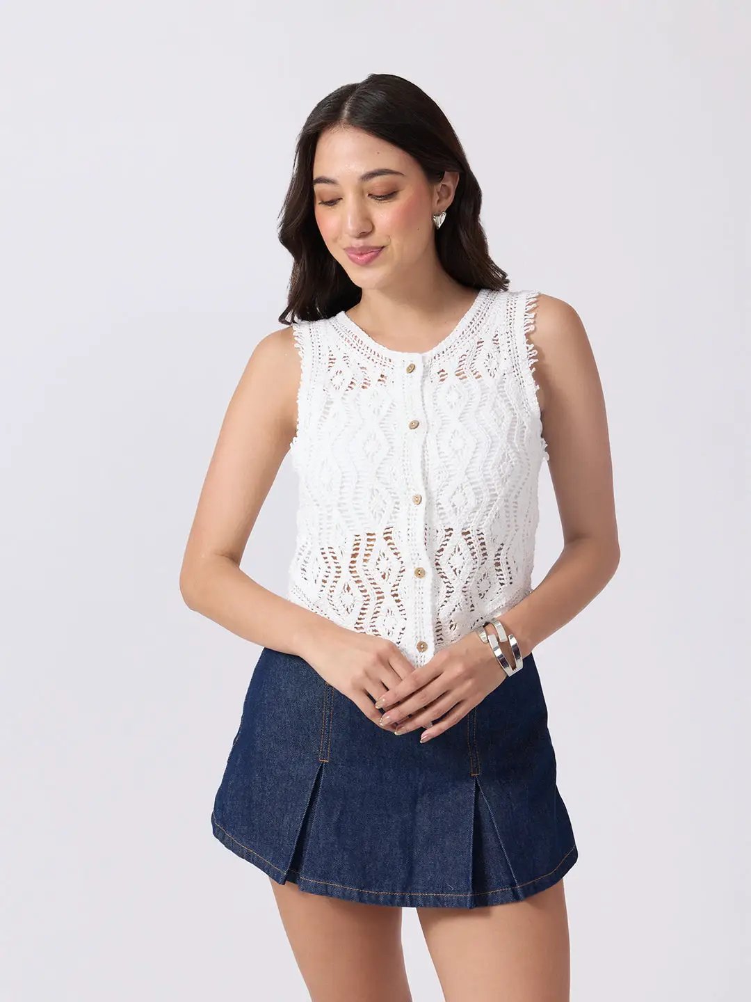 Women's White Crochet Sleeveless Vest Top