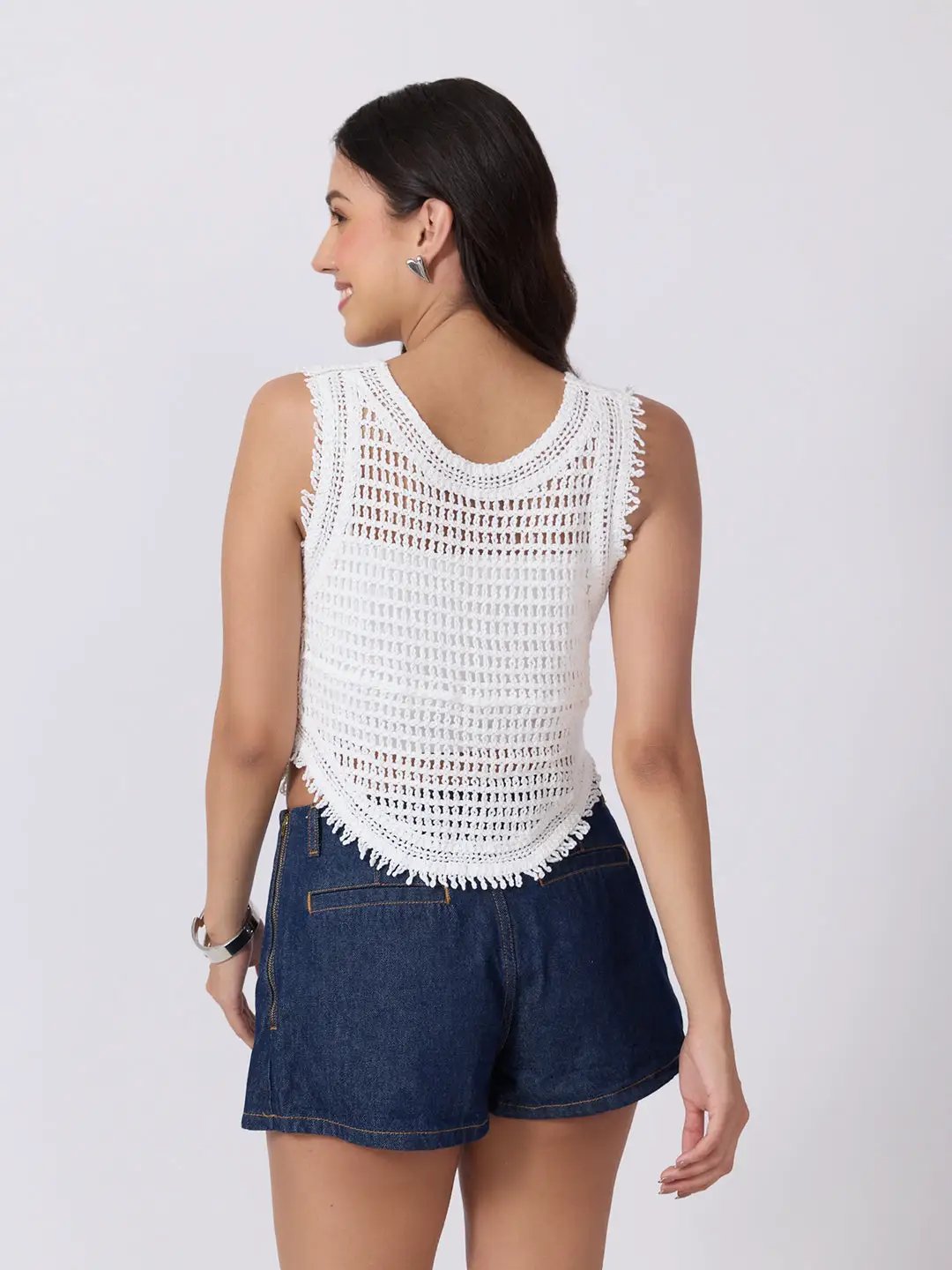 Women's White Crochet Sleeveless Vest Top