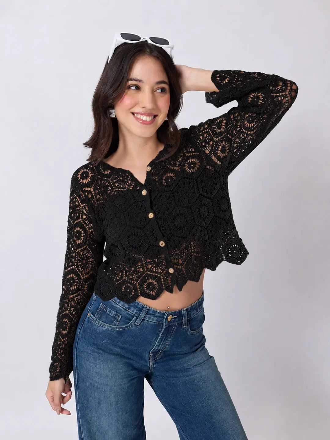 Women's Black Crochet Long Sleeve Top With Scalloped Hem