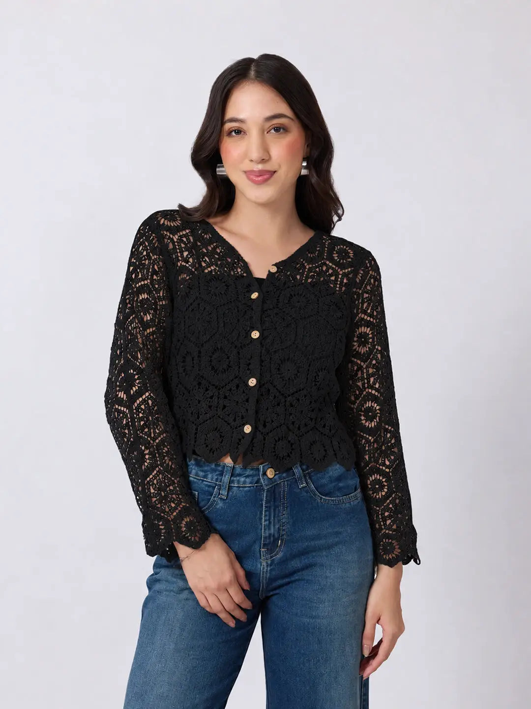Women's Black Crochet Long Sleeve Top With Scalloped Hem