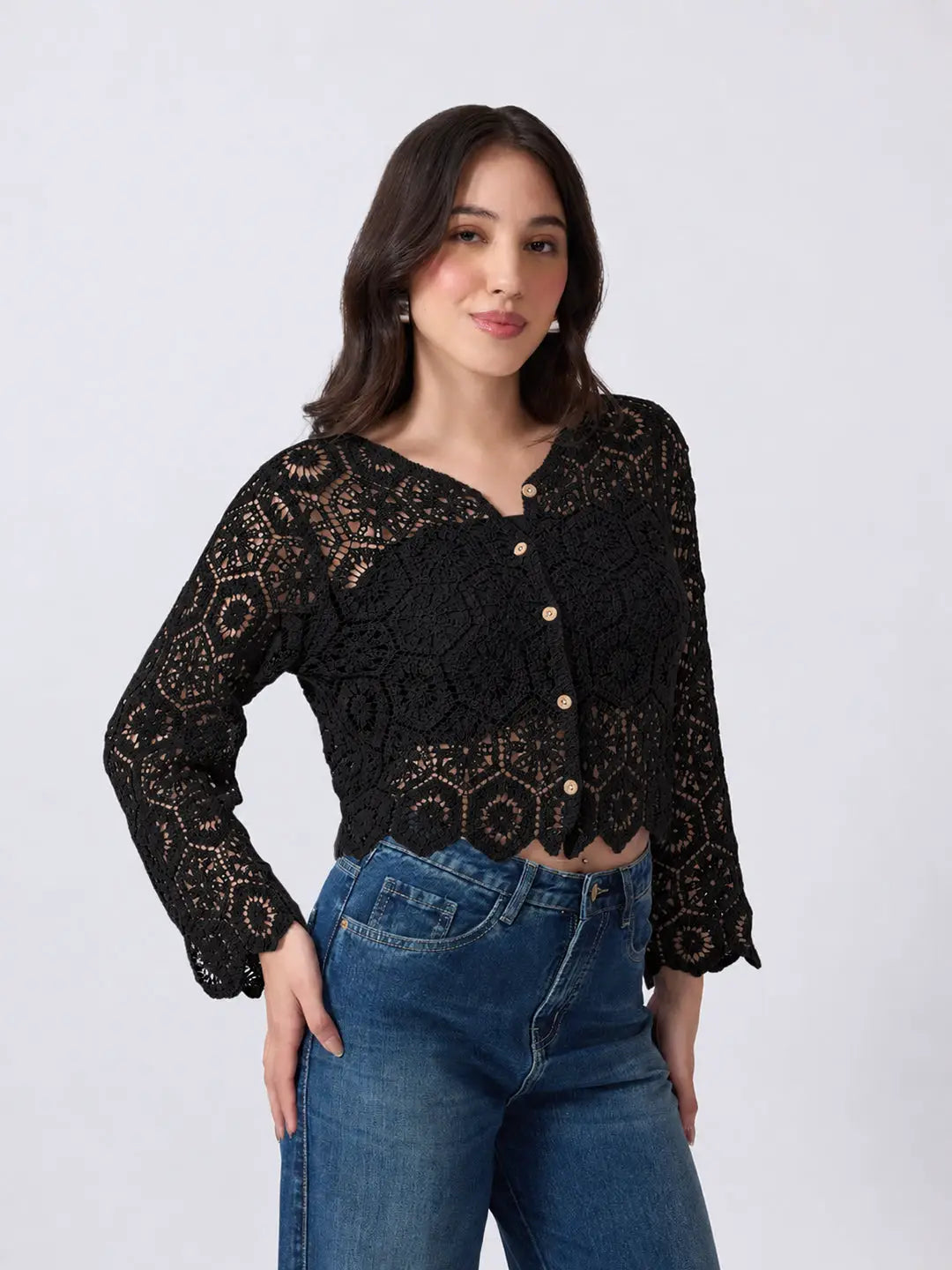 Women's Black Crochet Long Sleeve Top With Scalloped Hem