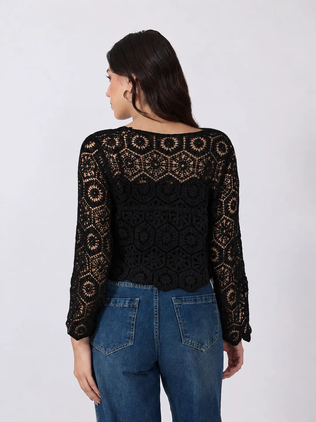 Women's Black Crochet Long Sleeve Top With Scalloped Hem