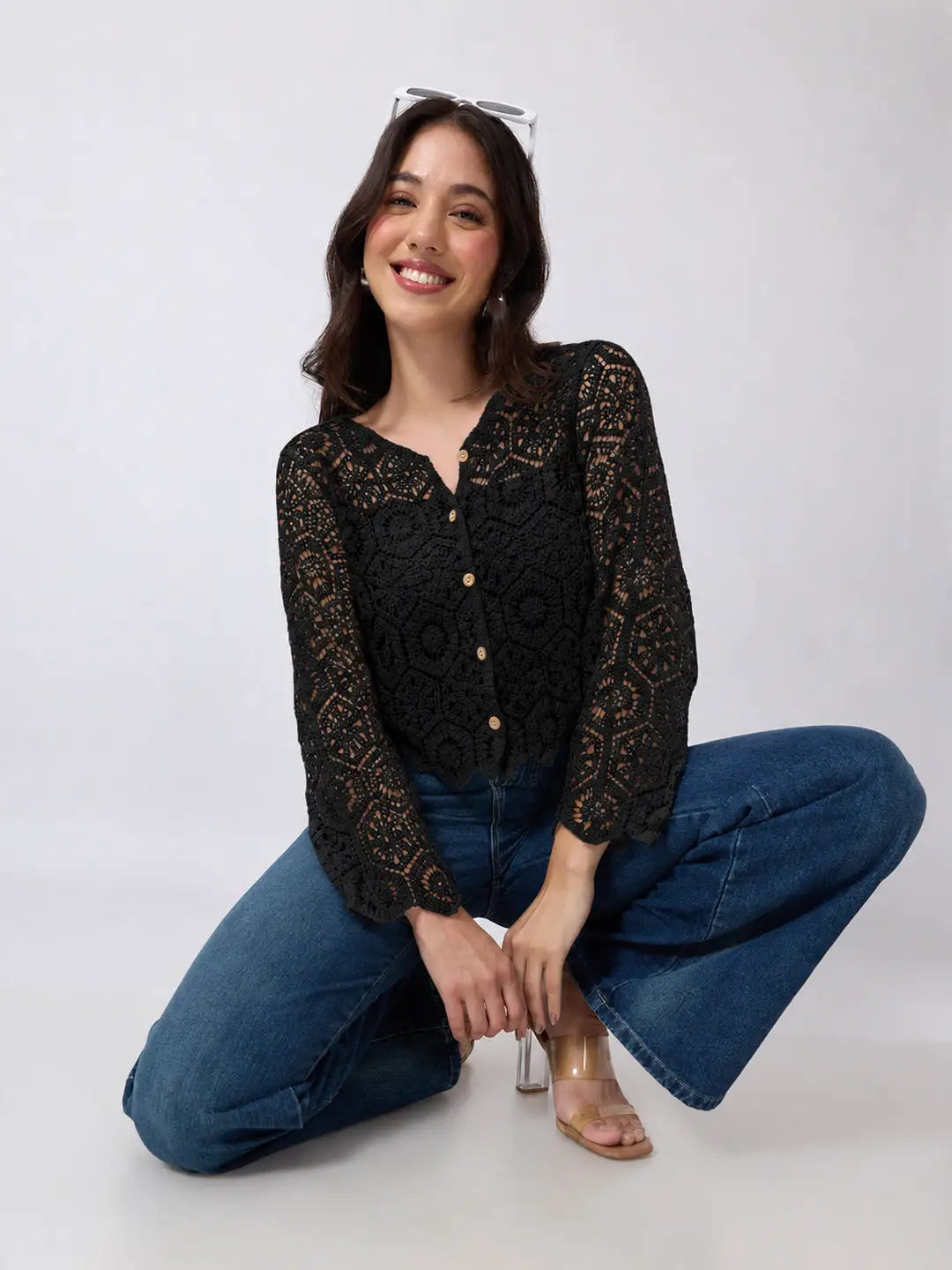Women's Black Crochet Long Sleeve Top With Scalloped Hem