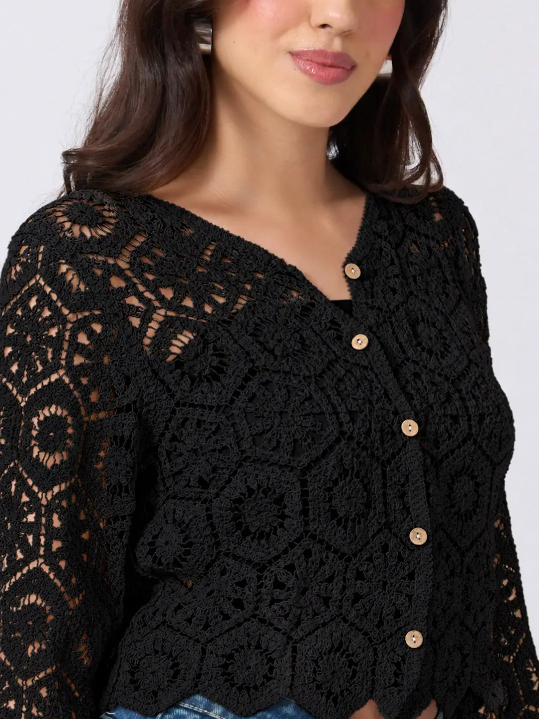 Women's Black Crochet Long Sleeve Top With Scalloped Hem