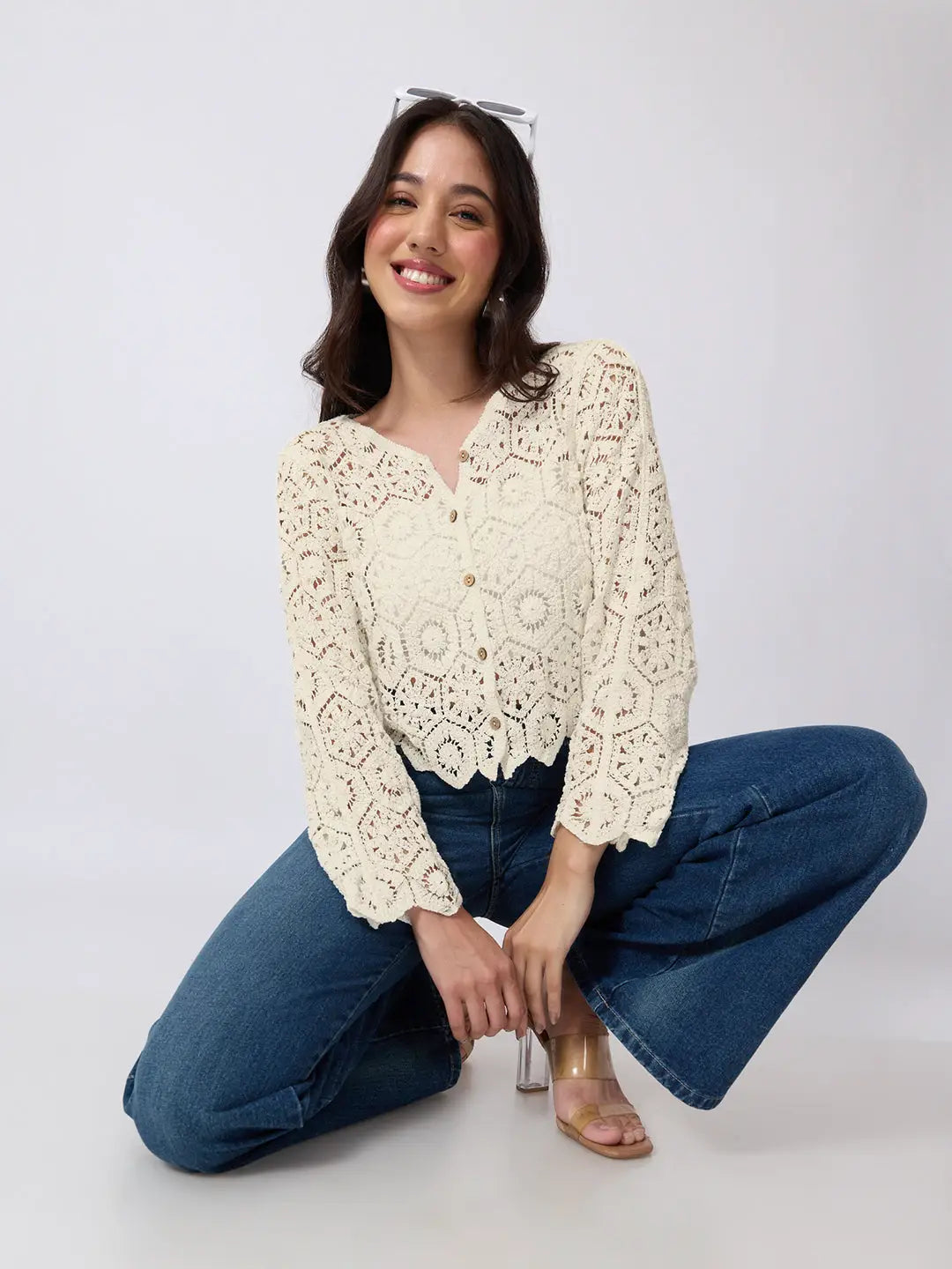 Women's Cream Crochet Long Sleeve Top With Scalloped Hem