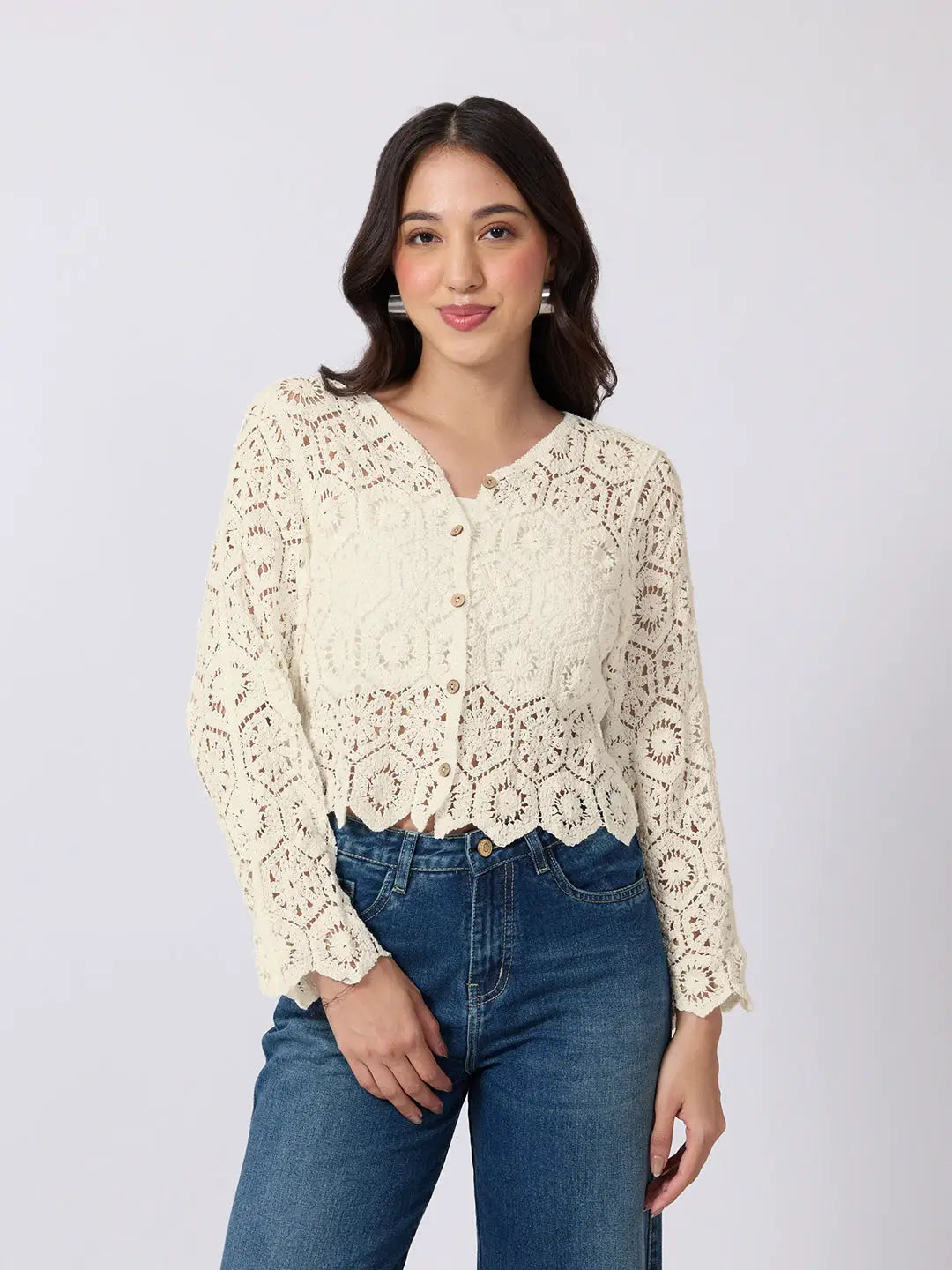 Women's Cream Crochet Long Sleeve Top With Scalloped Hem
