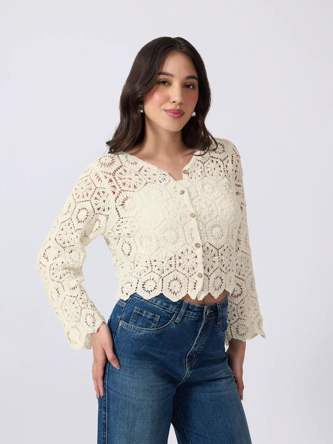 Women's Cream Crochet Long Sleeve Top With Scalloped Hem