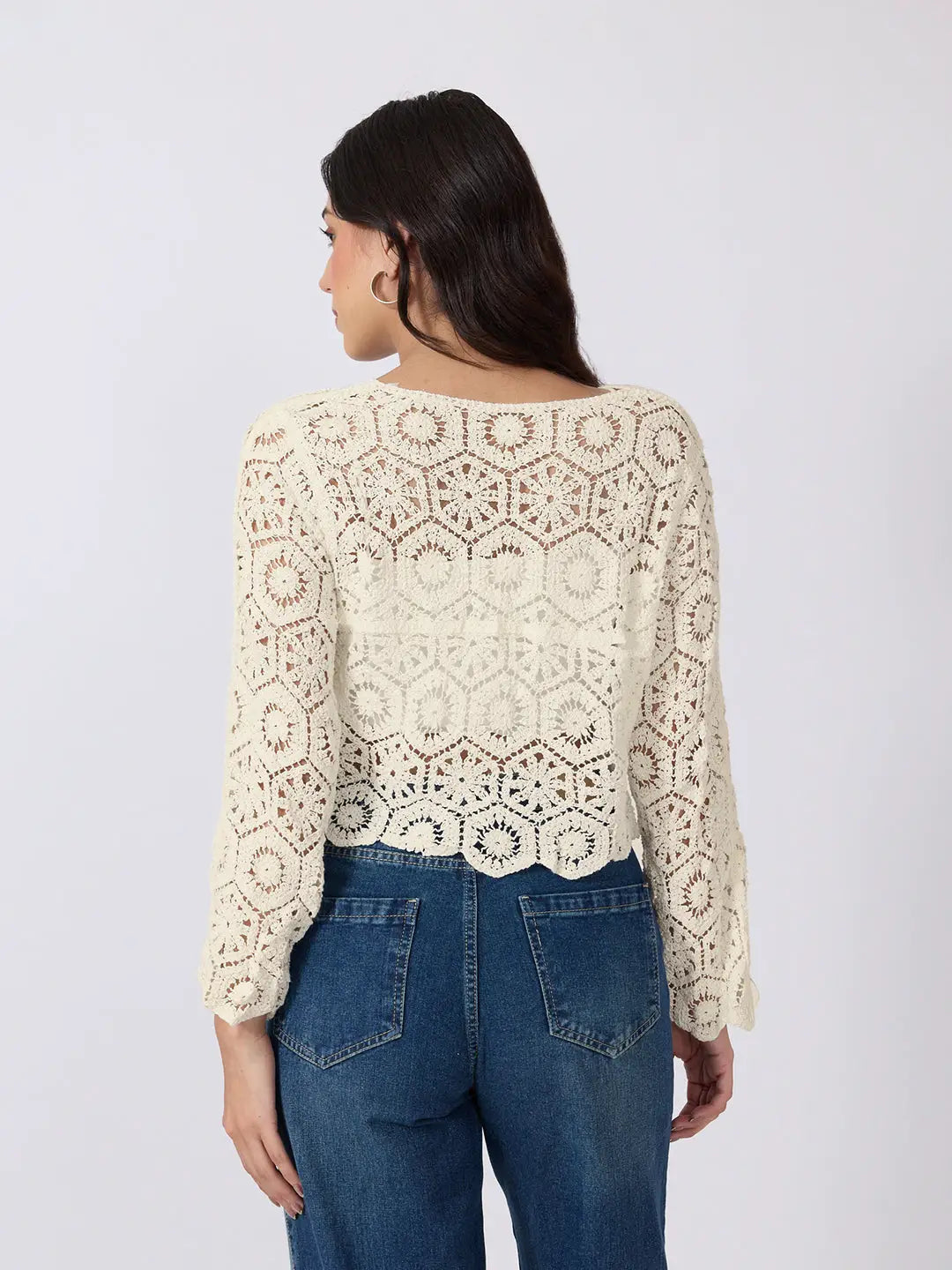 Women's Cream Crochet Long Sleeve Top With Scalloped Hem
