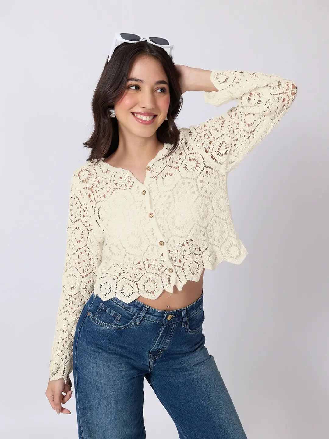 Women's Cream Crochet Long Sleeve Top With Scalloped Hem