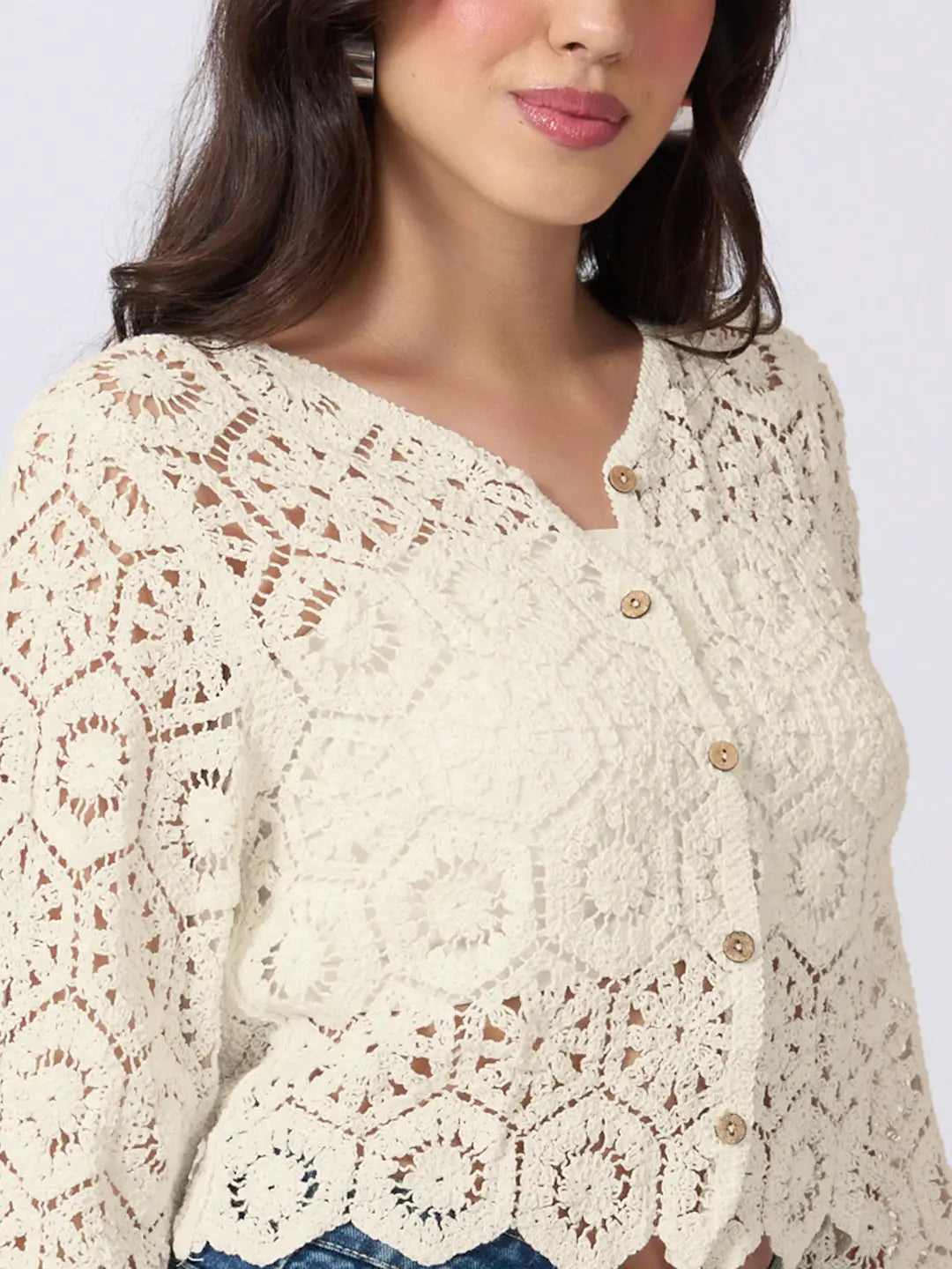 Women's Cream Crochet Long Sleeve Top With Scalloped Hem