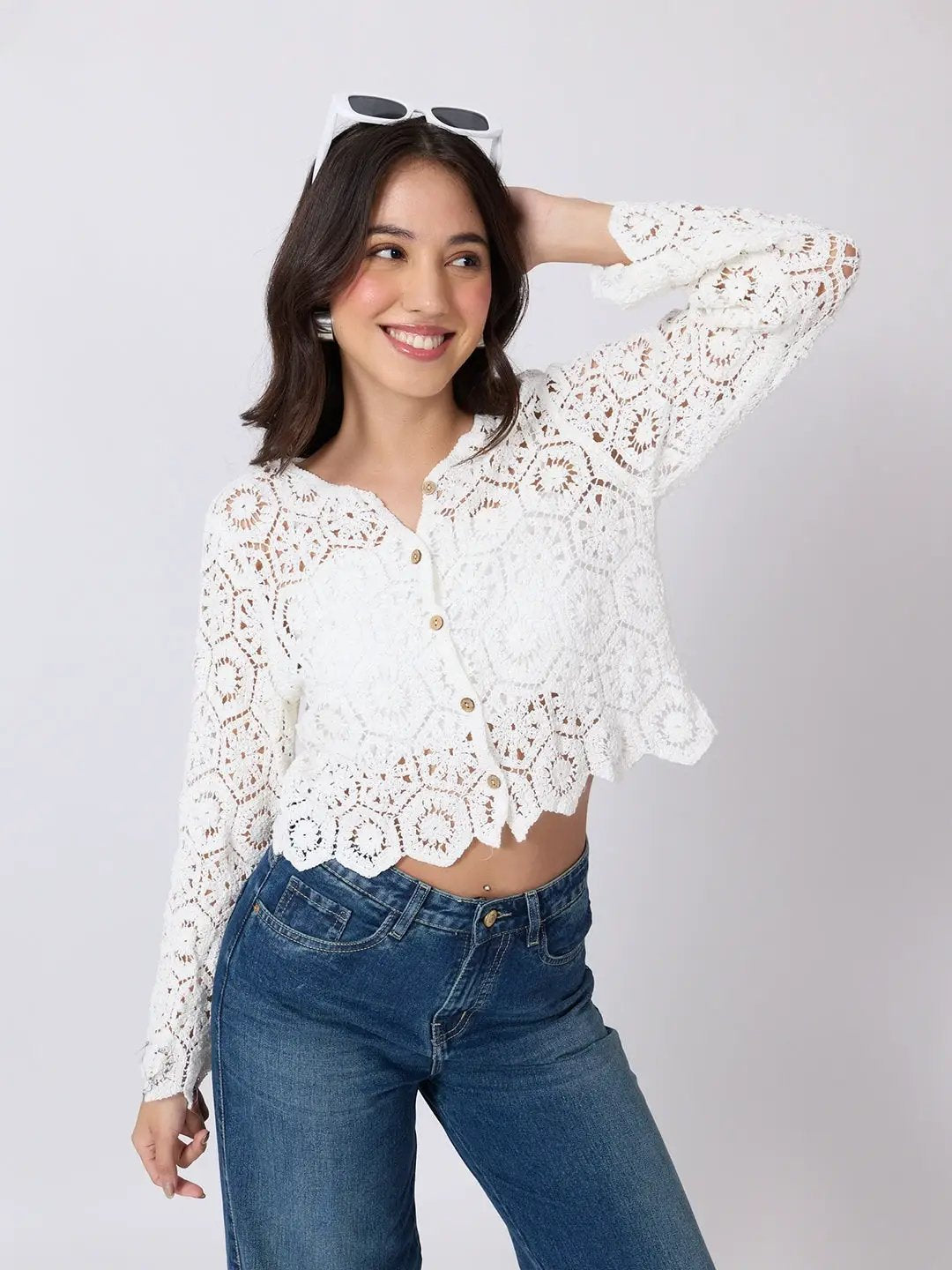 Women's White Crochet Long Sleeve Top With Scalloped Hem