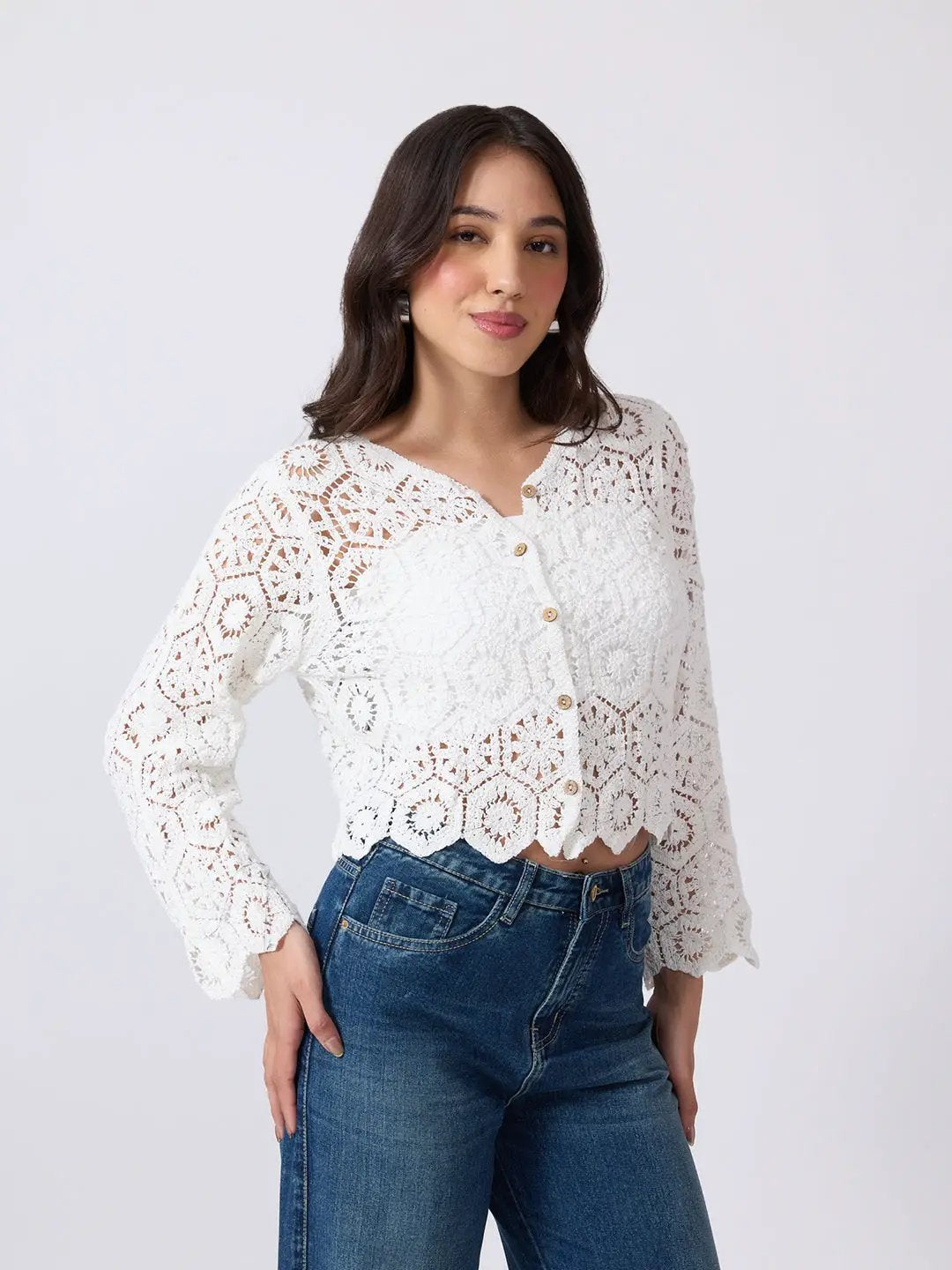 Women's White Crochet Long Sleeve Top With Scalloped Hem