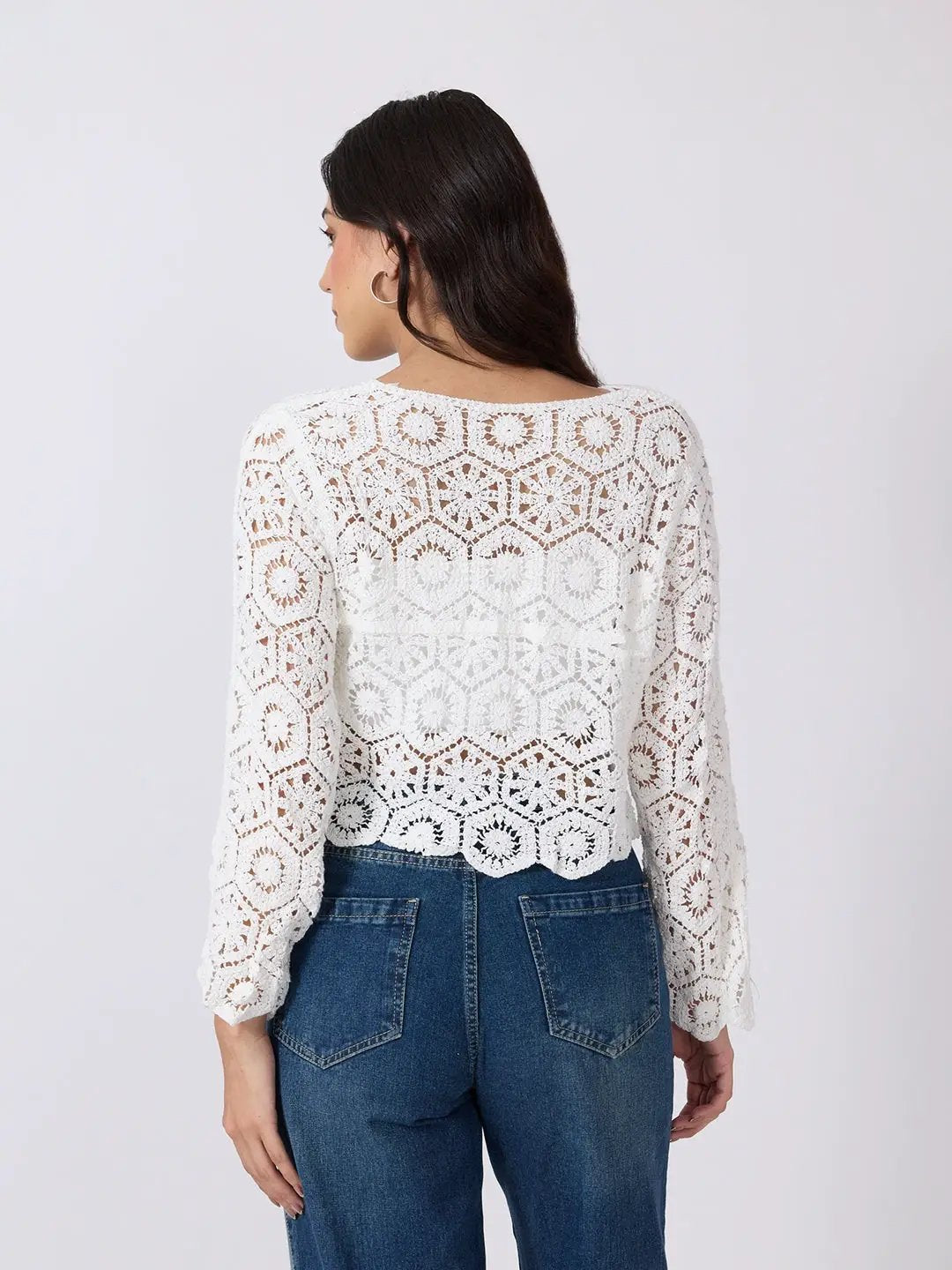 Women's White Crochet Long Sleeve Top With Scalloped Hem