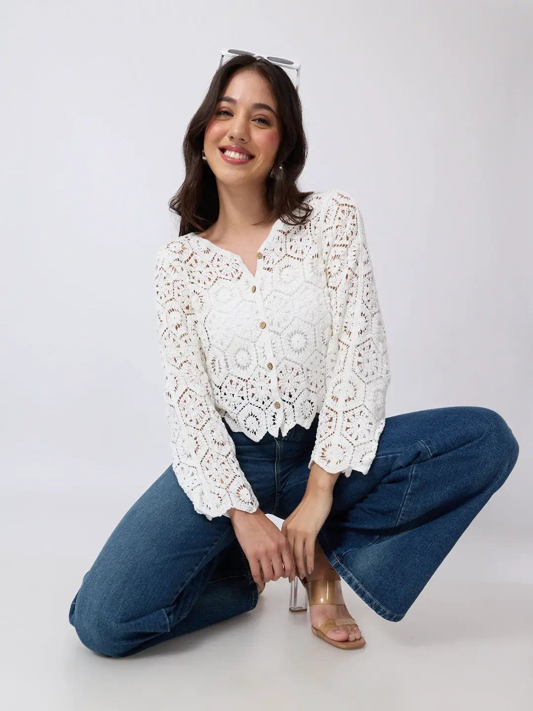 Women's White Crochet Long Sleeve Top With Scalloped Hem