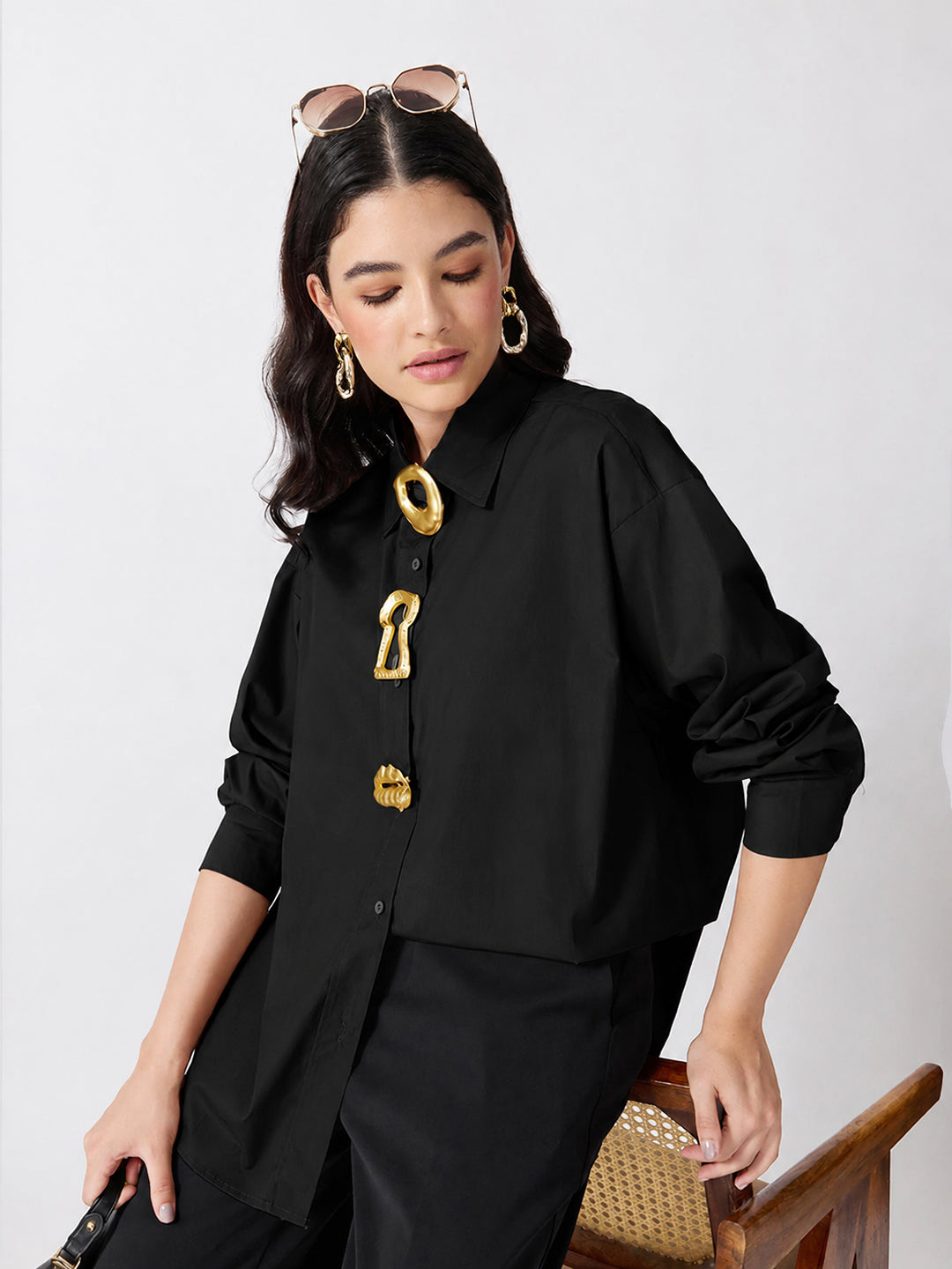 Women’s Black Shirt with Gold Statement Brooch Embellishments