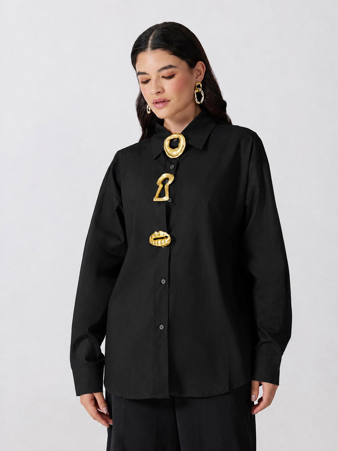 Women’s Black Shirt with Gold Statement Brooch Embellishments