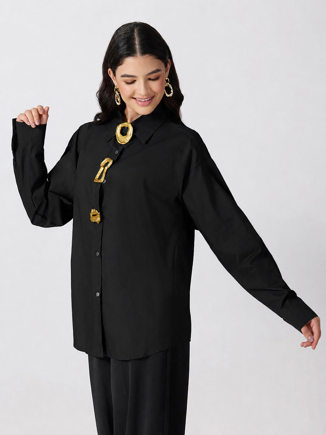 Women’s Black Shirt with Gold Statement Brooch Embellishments