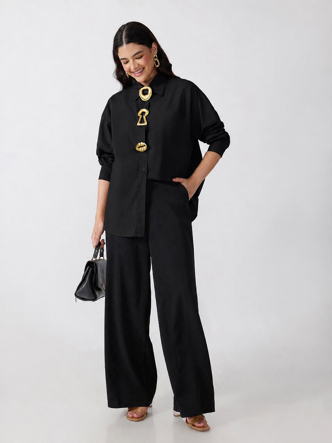 Women’s Black Shirt with Gold Statement Brooch Embellishments