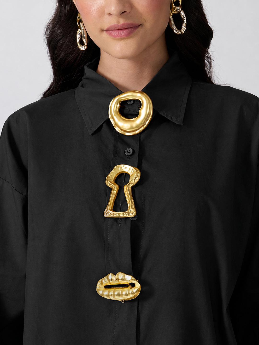 Women’s Black Shirt with Gold Statement Brooch Embellishments