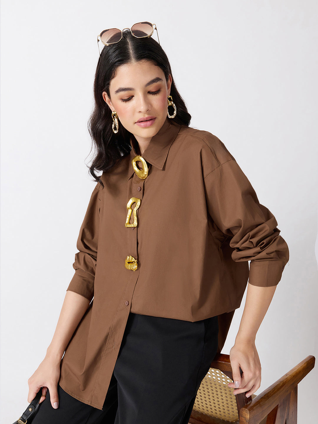 Women’s Brown Shirt with Gold Statement Brooch Embellishments