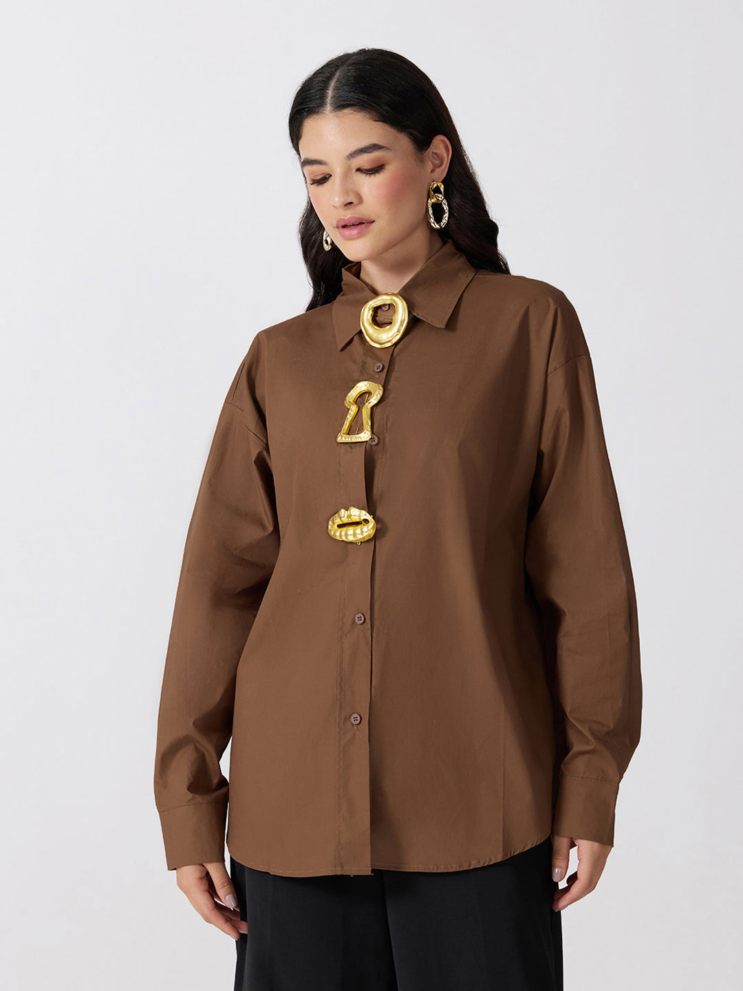 Women’s Brown Shirt with Gold Statement Brooch Embellishments