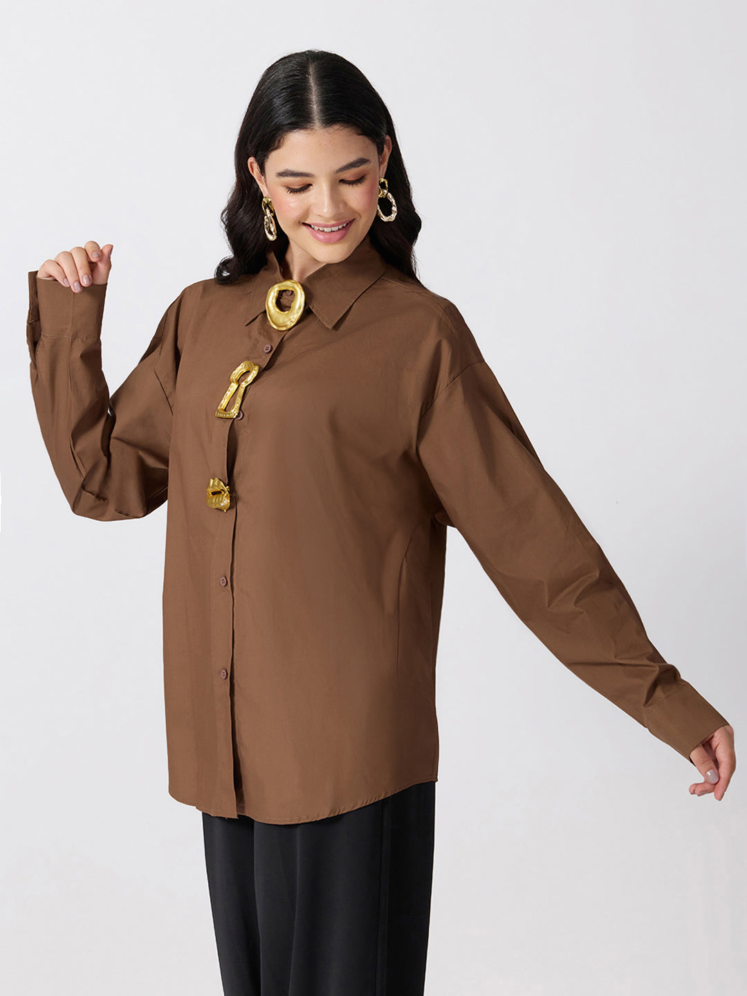 Women’s Brown Shirt with Gold Statement Brooch Embellishments