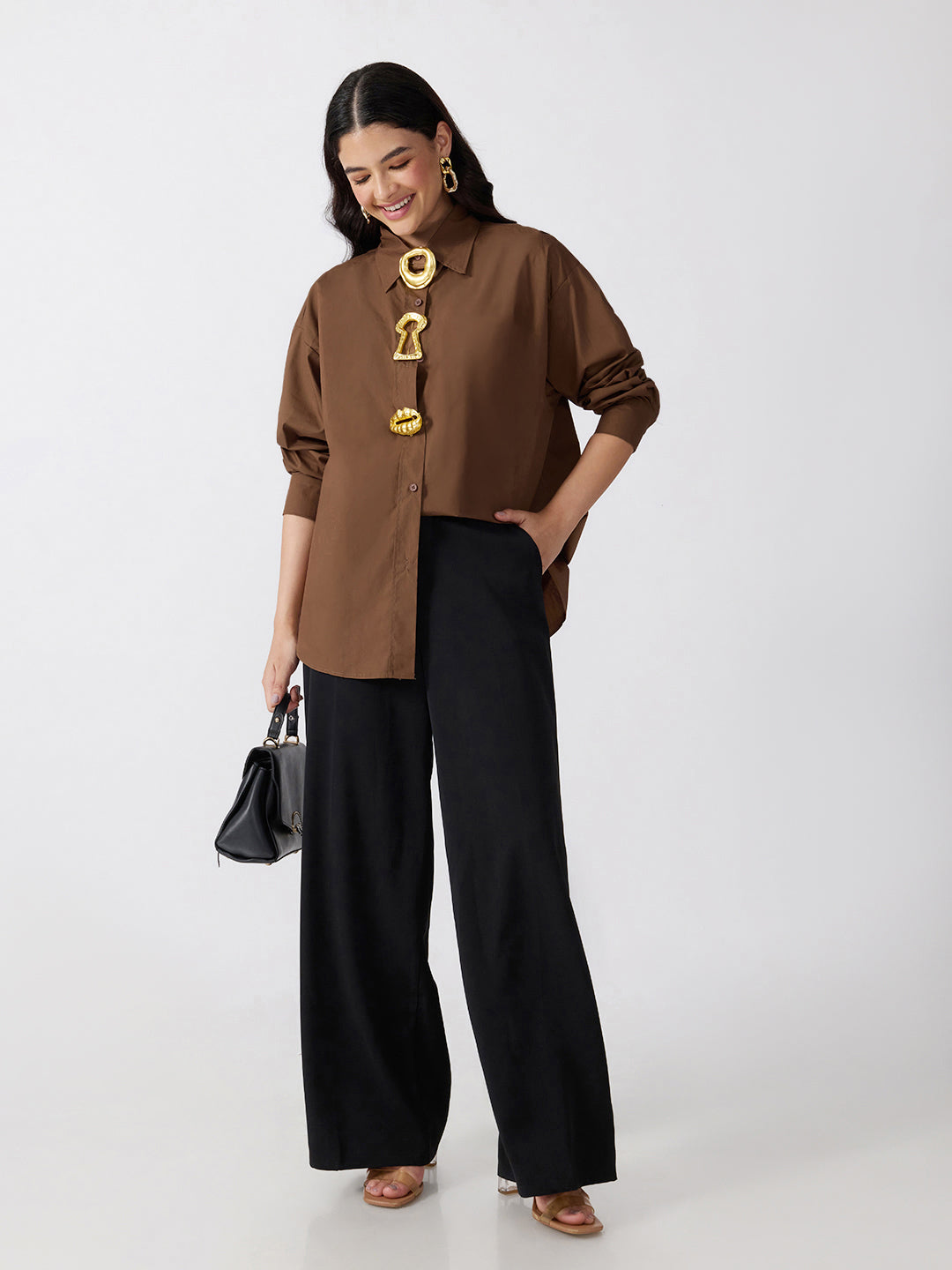 Women’s Brown Shirt with Gold Statement Brooch Embellishments