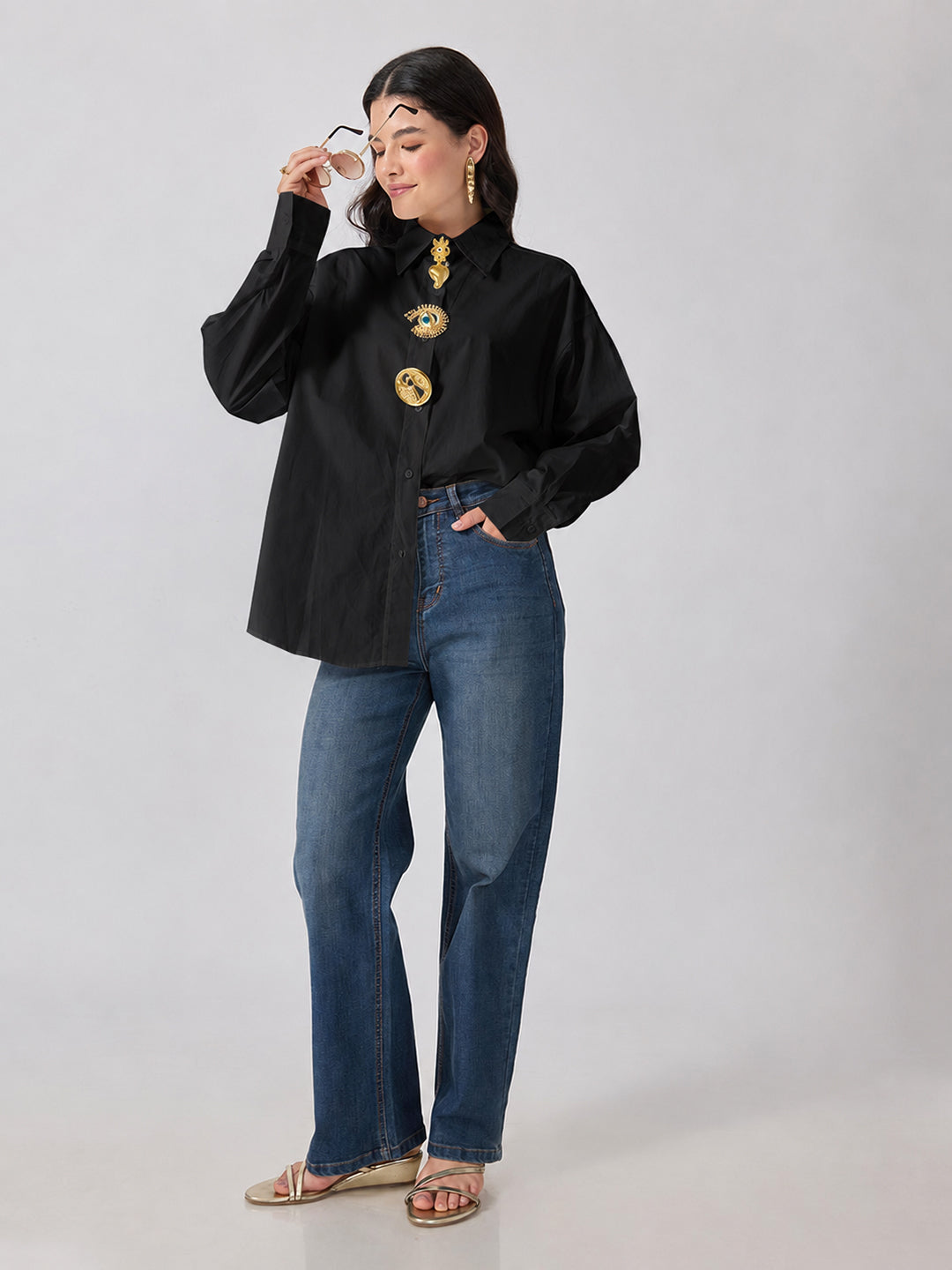 Women’s Black Shirt with Gold Brooches