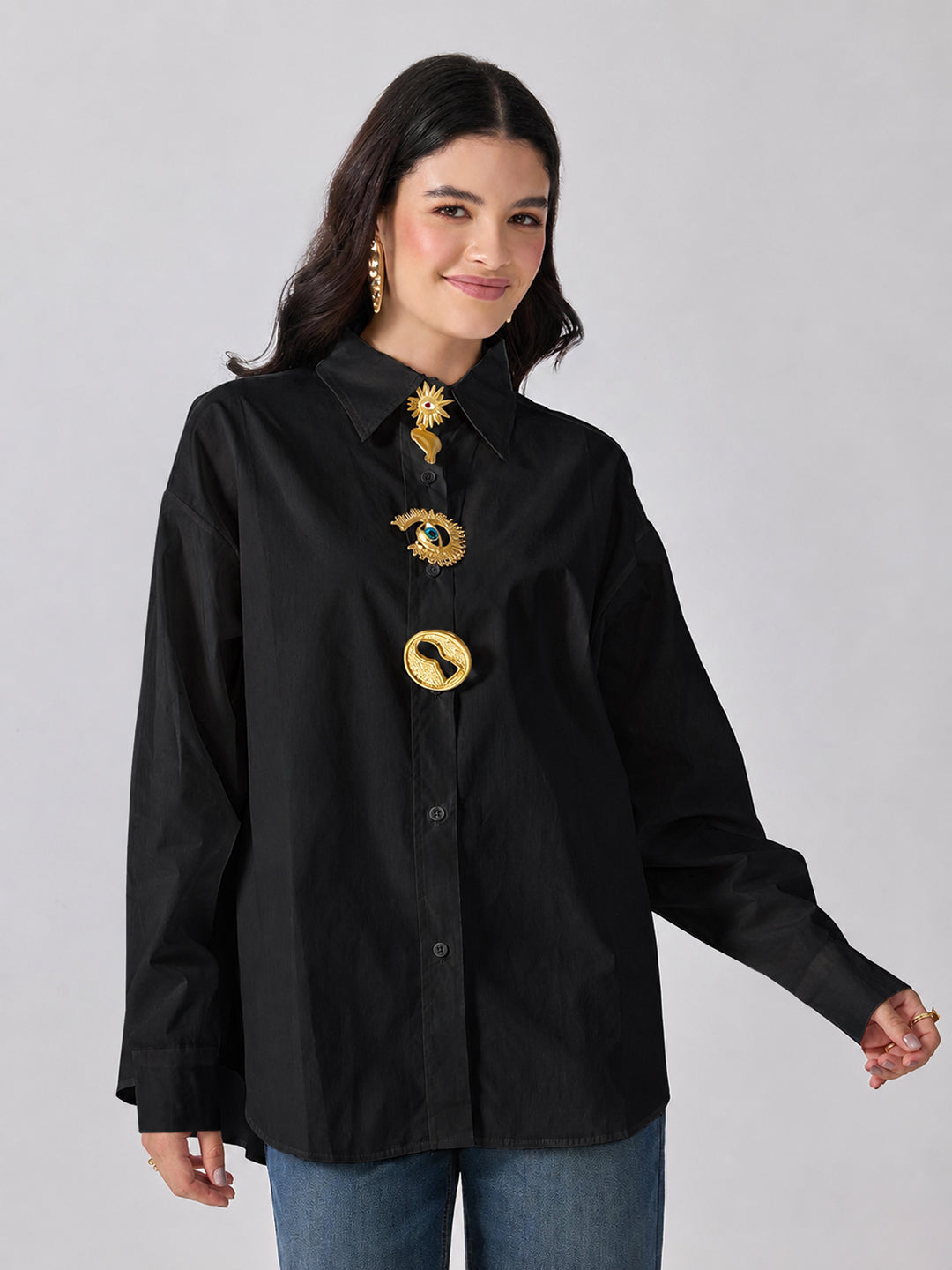 Women’s Black Shirt with Gold Brooches
