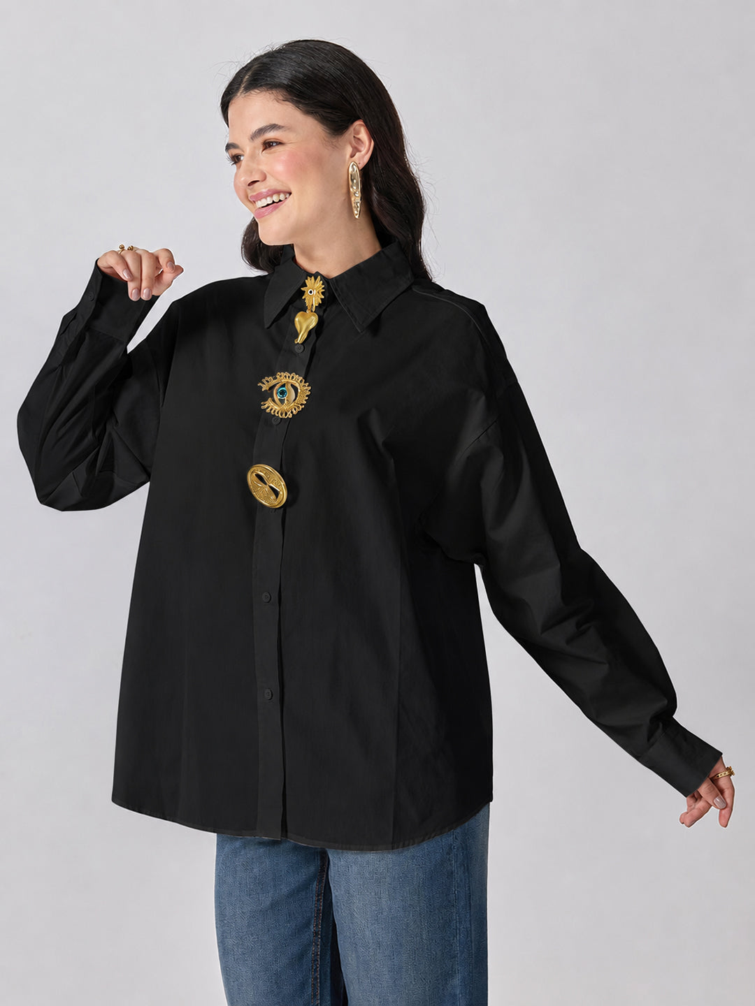 Women’s Black Shirt with Gold Brooches