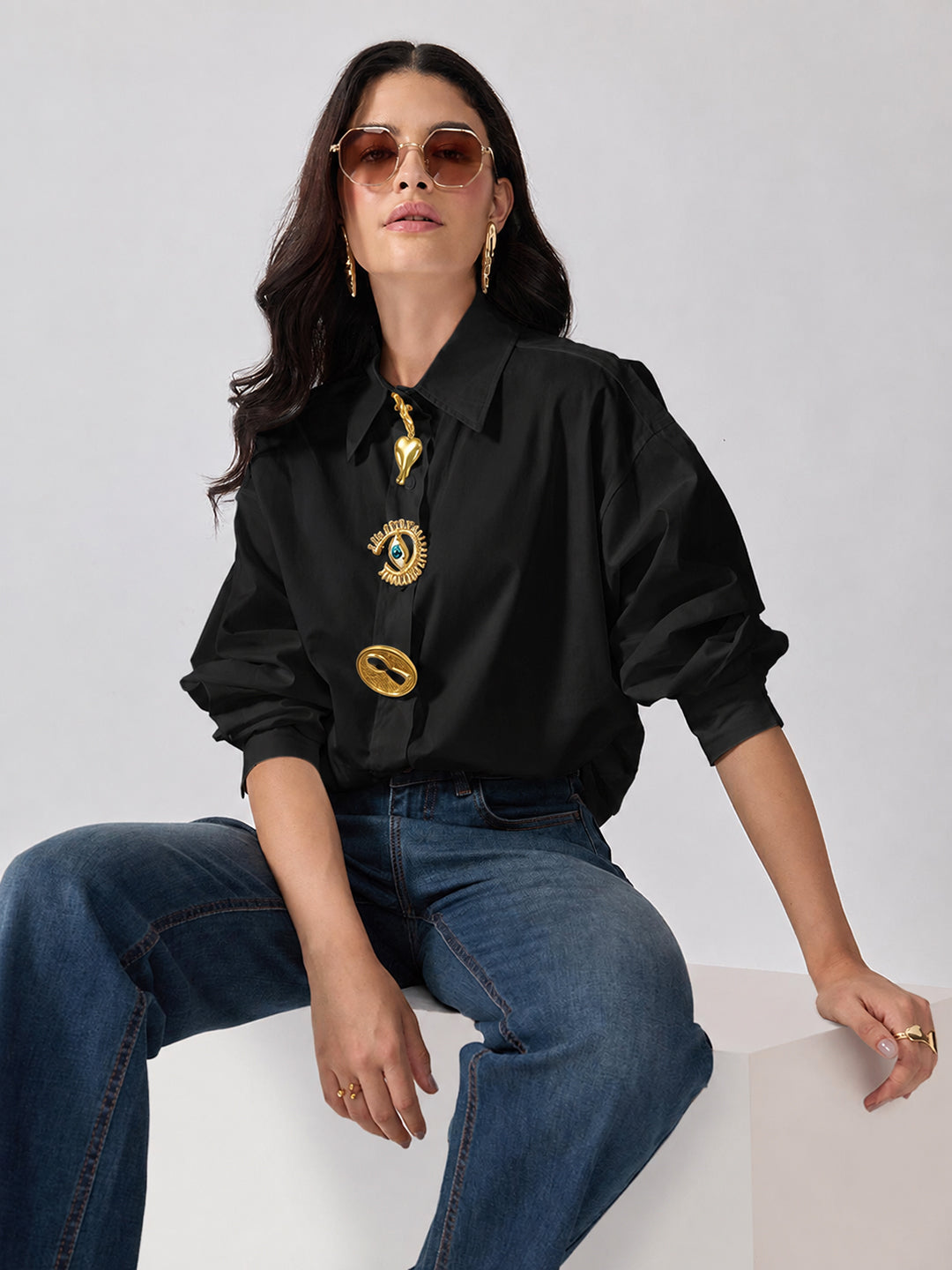 Women’s Black Shirt with Gold Brooches