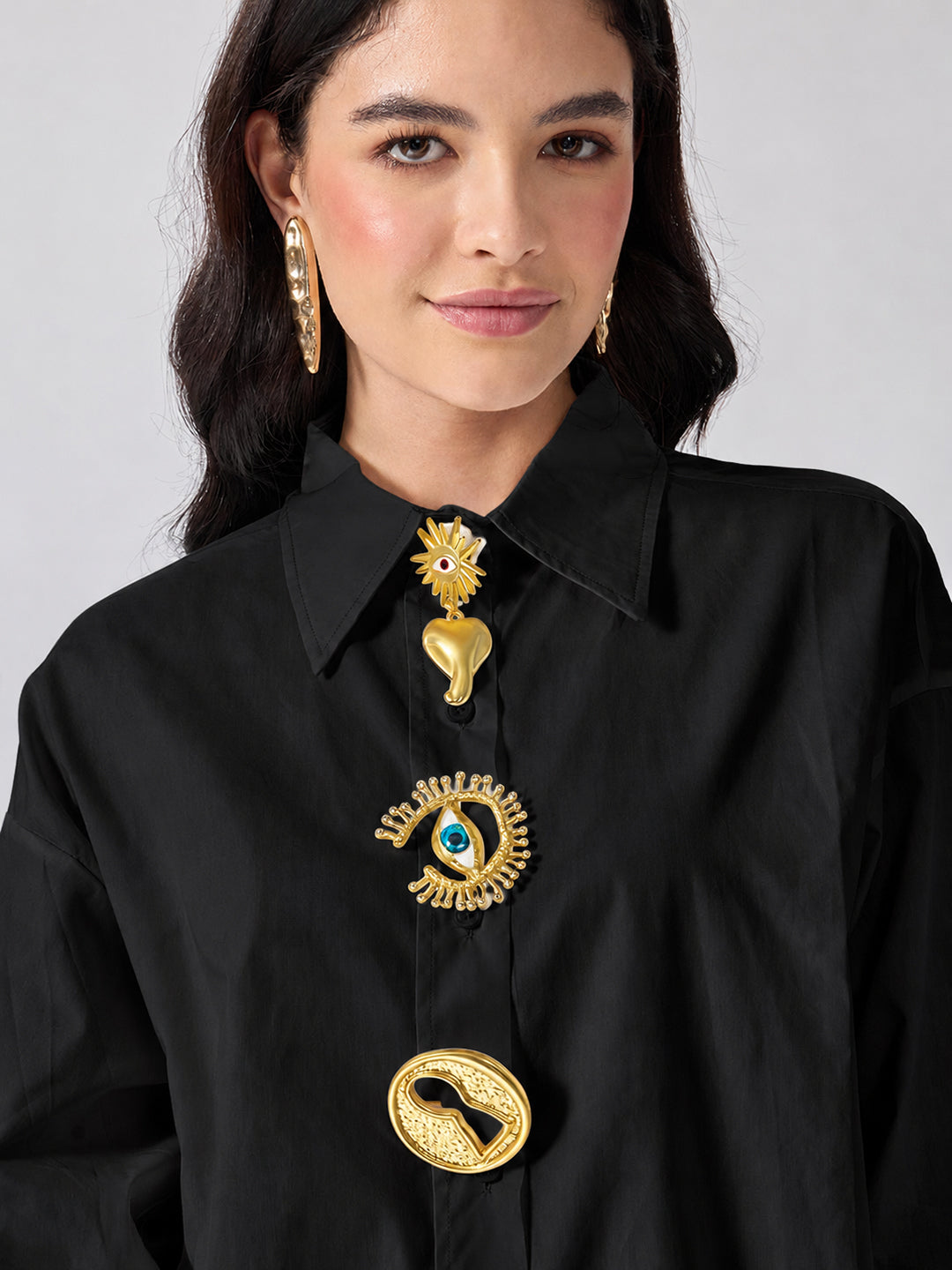 Women’s Black Shirt with Gold Brooches