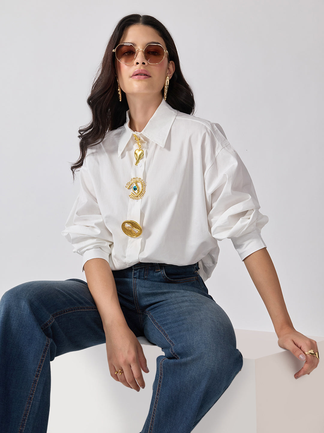 Women’s White Shirt with Gold Brooches