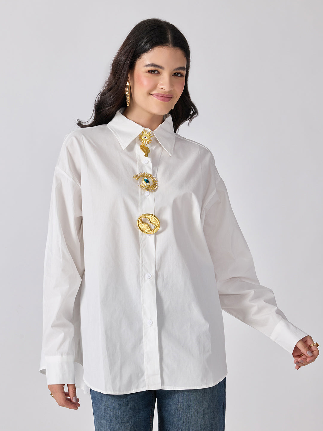 Women’s White Shirt with Gold Brooches
