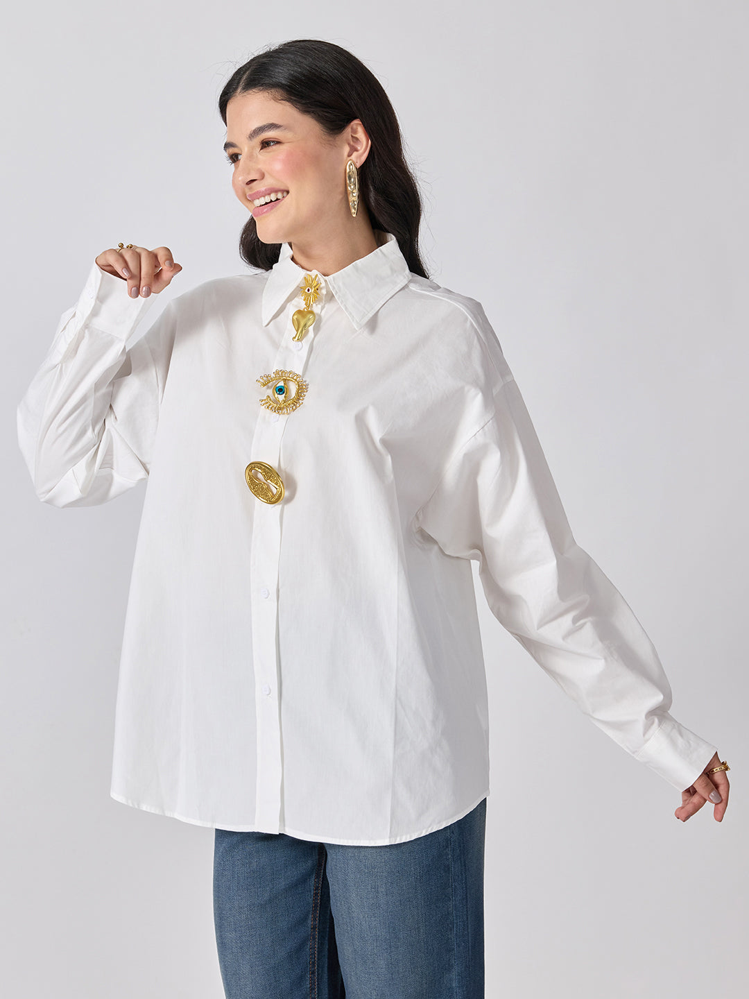 Women’s White Shirt with Gold Brooches
