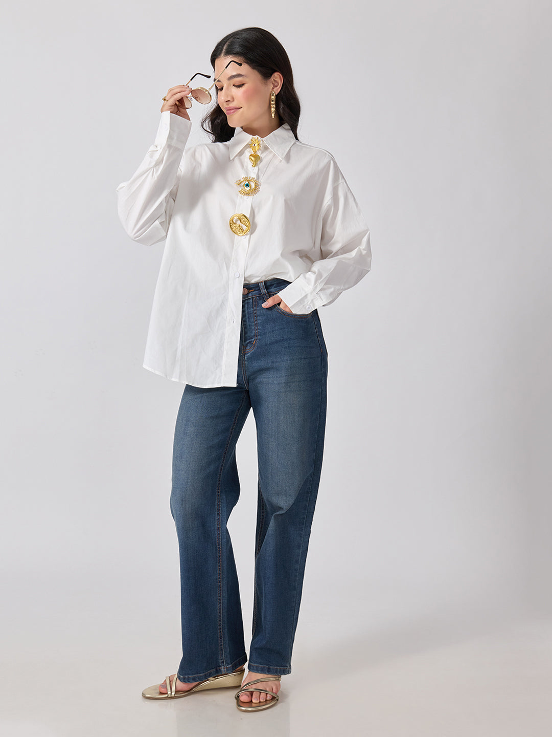 Women’s White Shirt with Gold Brooches