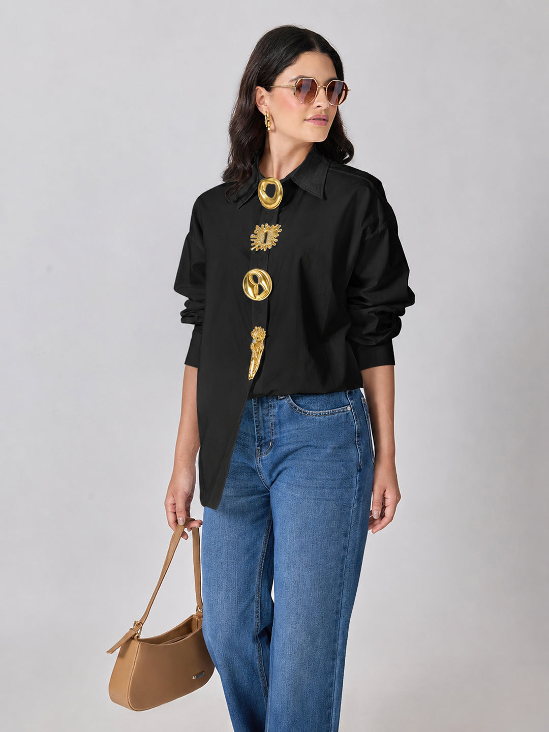 Women’s Black Shirt with Gold Brooch Embellishments