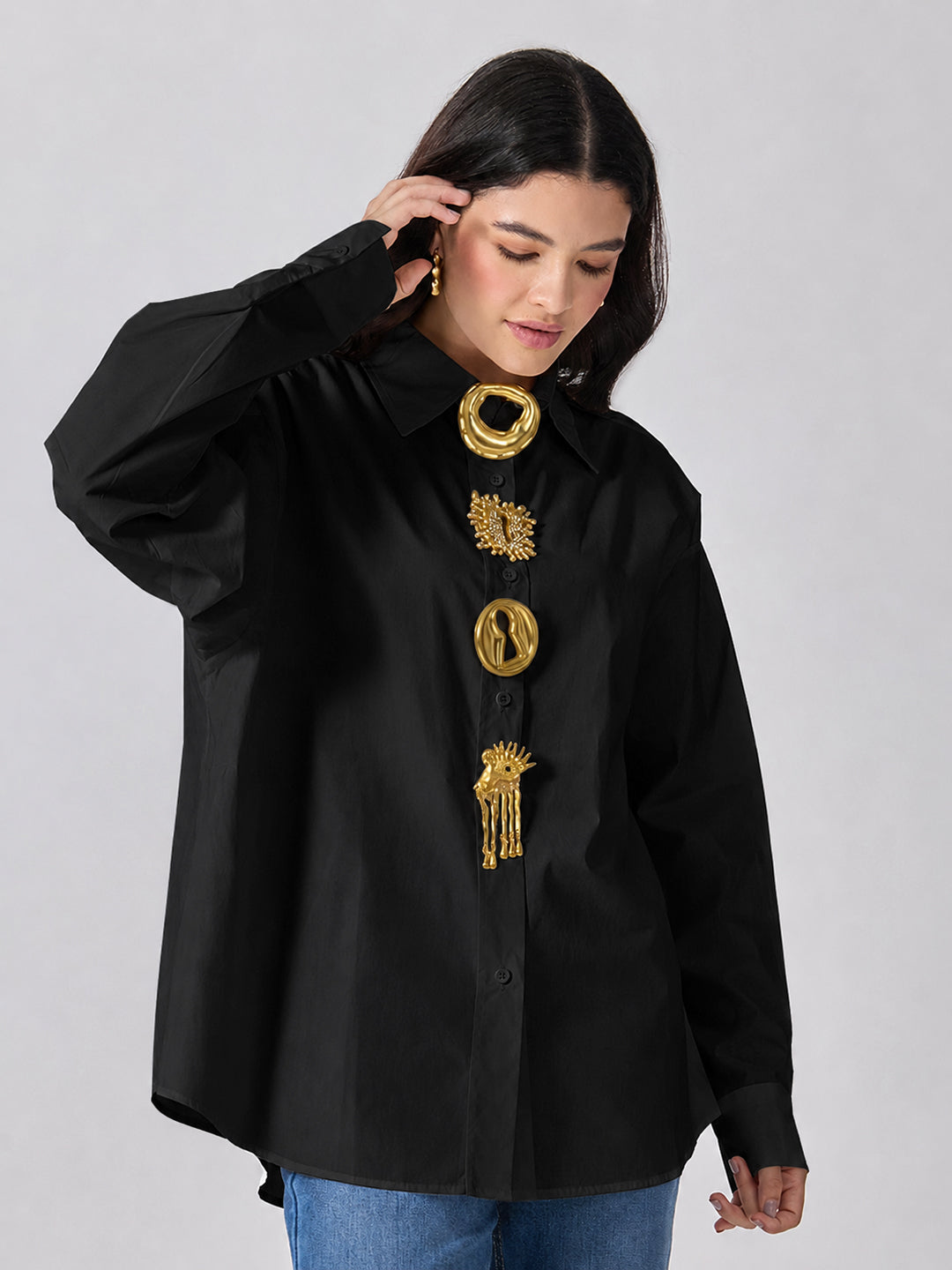 Women’s Black Shirt with Gold Brooch Embellishments