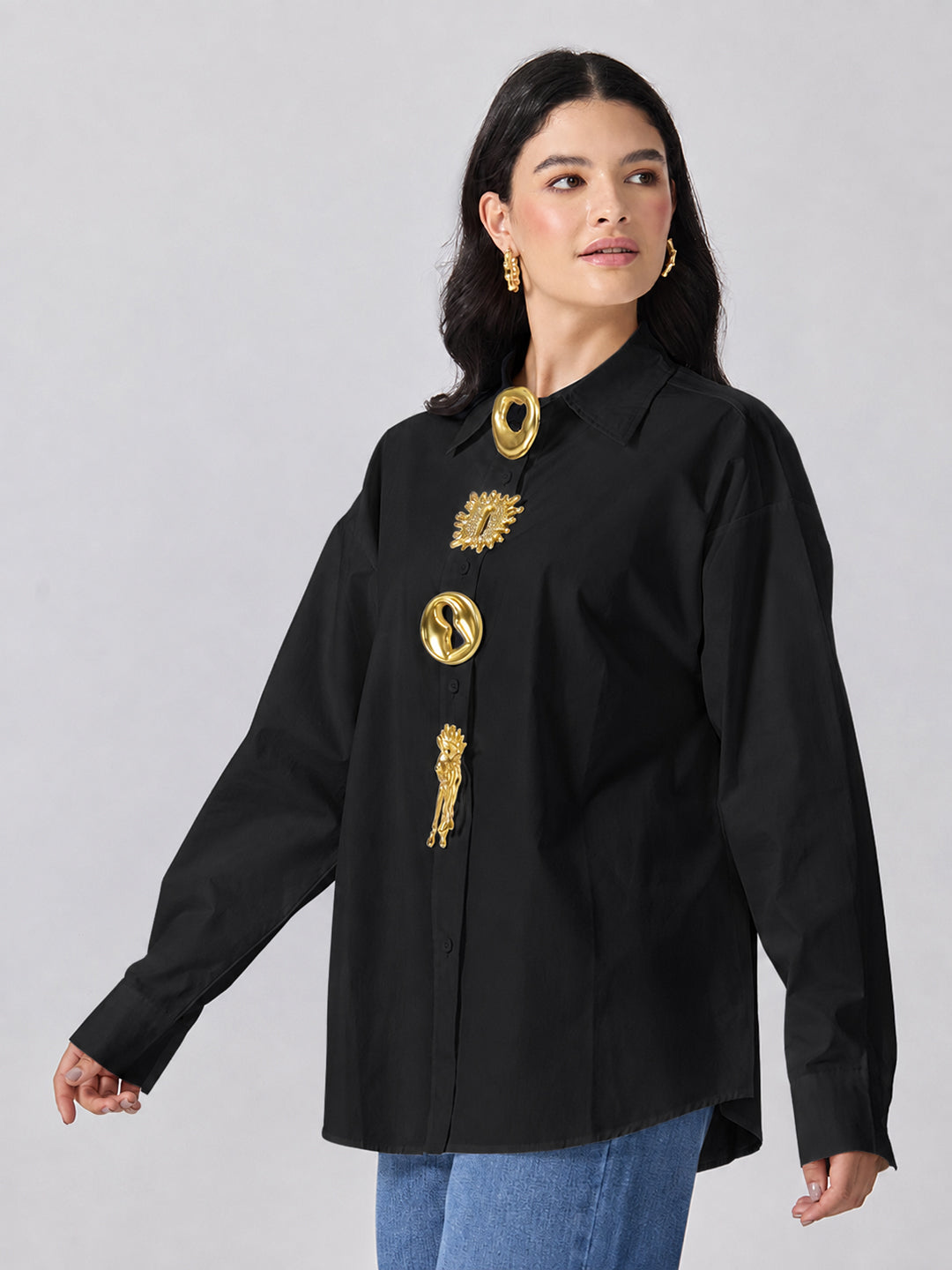 Women’s Black Shirt with Gold Brooch Embellishments
