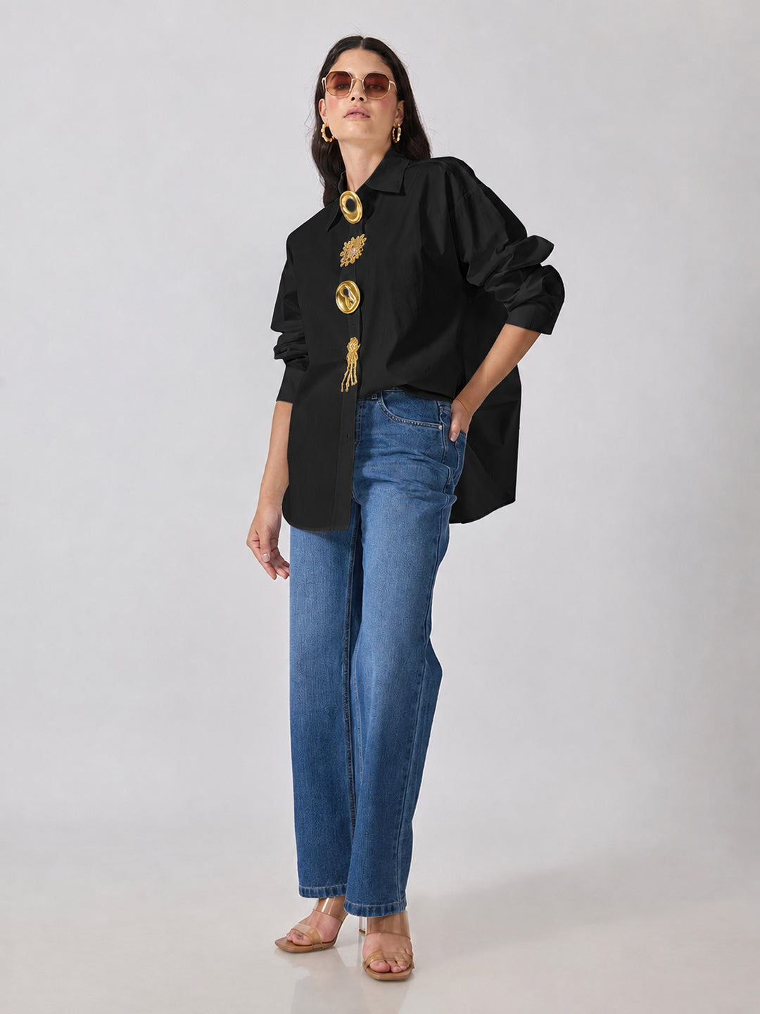 Women’s Black Shirt with Gold Brooch Embellishments