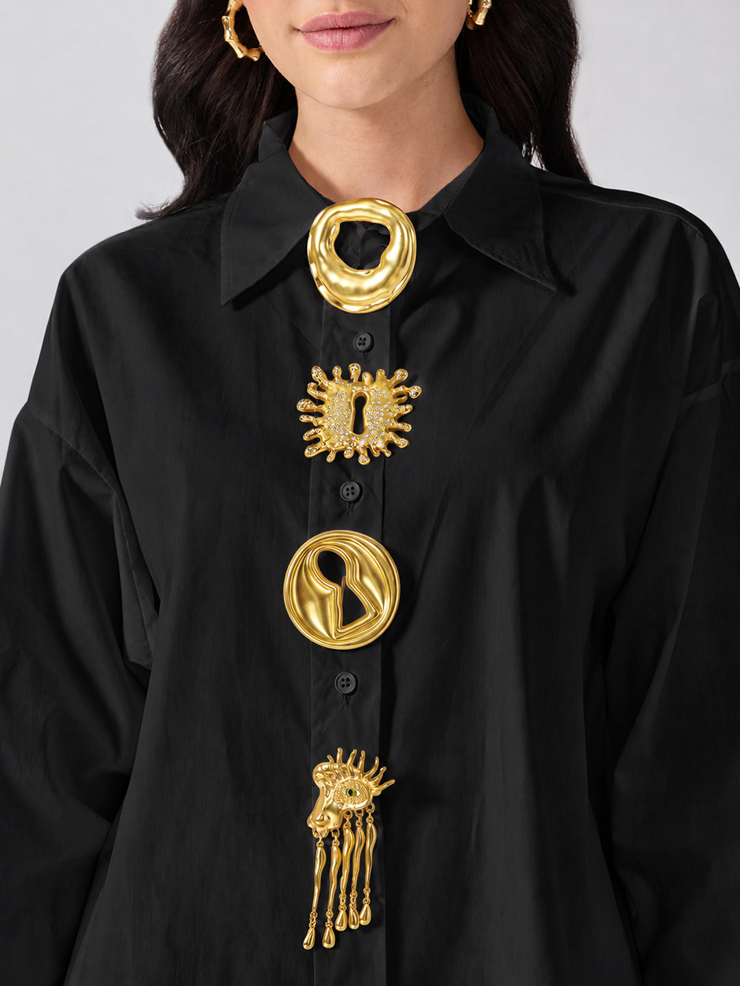 Women’s Black Shirt with Gold Brooch Embellishments