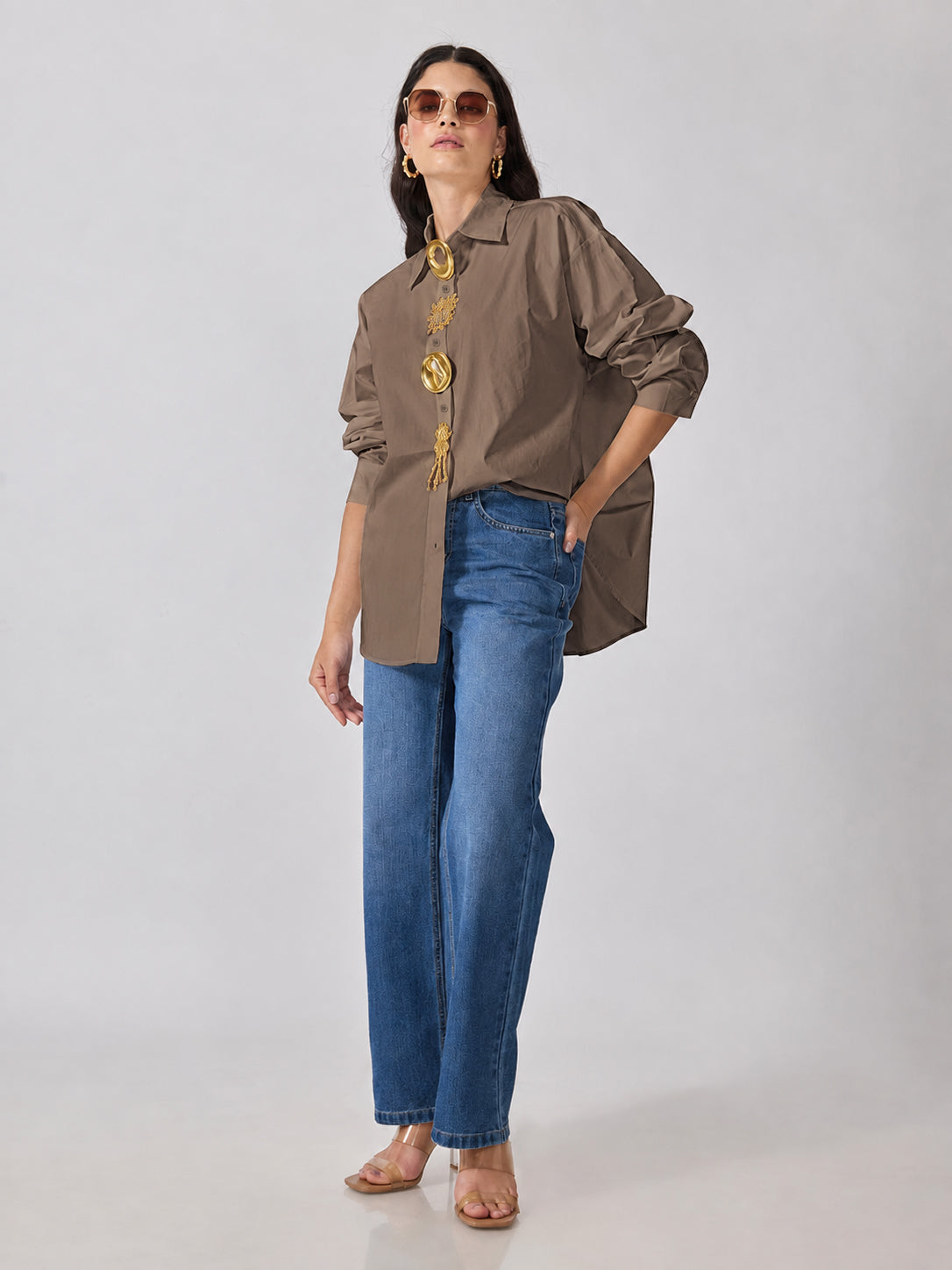 Women’s Brown Shirt with Gold Brooch Embellishments