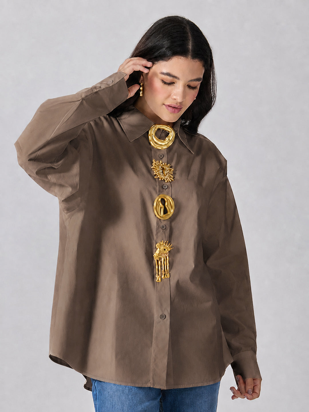 Women’s Brown Shirt with Gold Brooch Embellishments