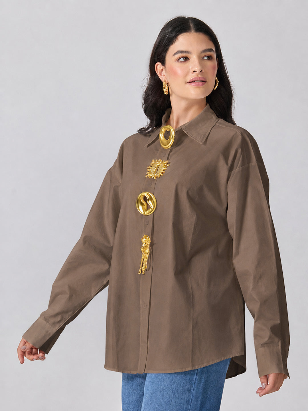 Women’s Brown Shirt with Gold Brooch Embellishments
