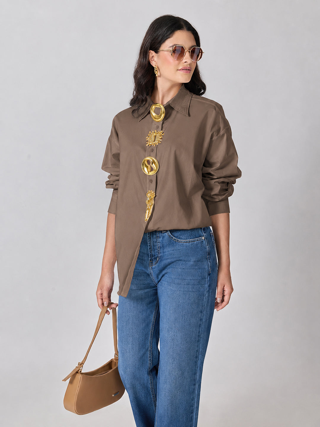 Women’s Brown Shirt with Gold Brooch Embellishments