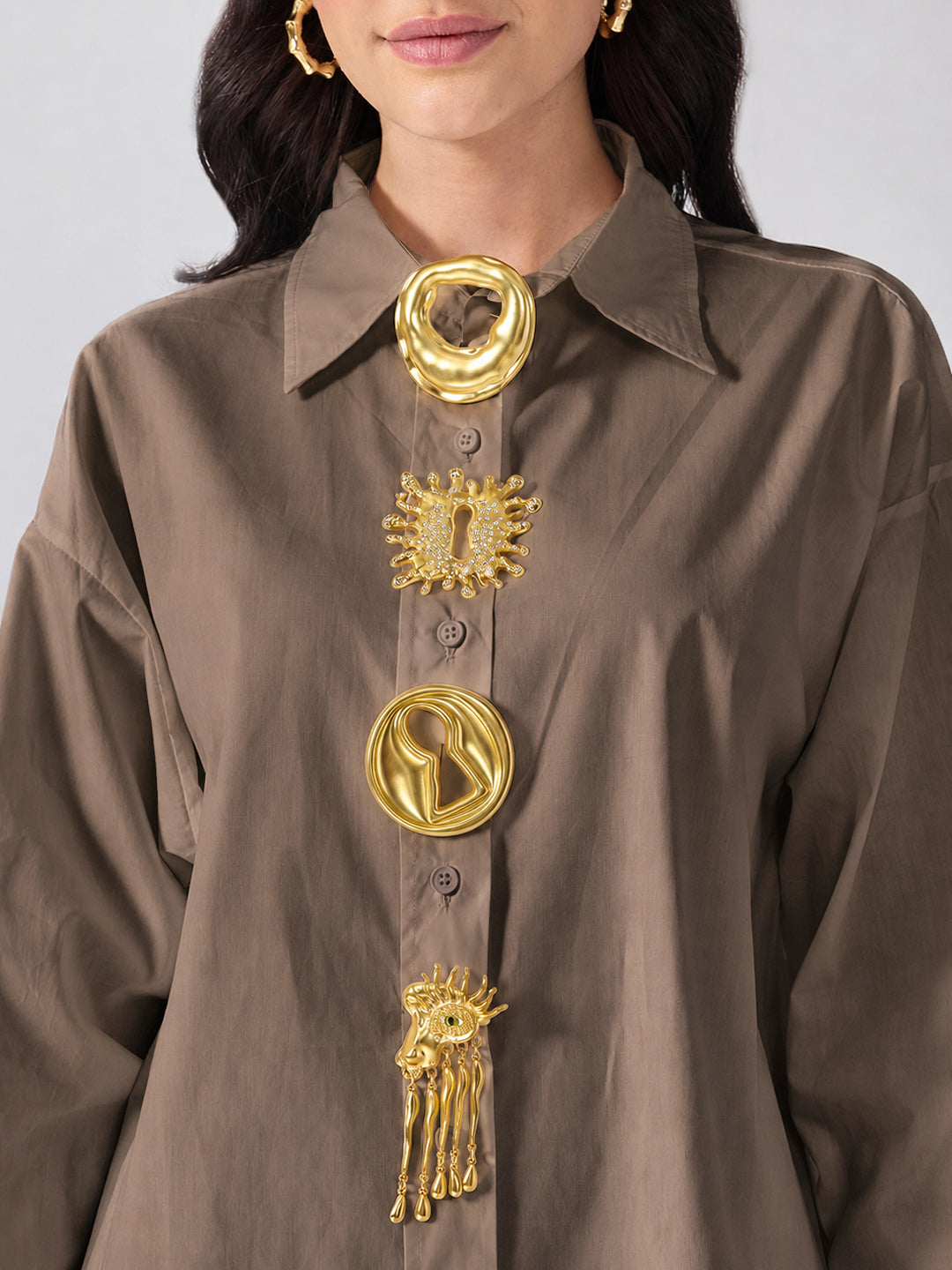 Women’s Brown Shirt with Gold Brooch Embellishments