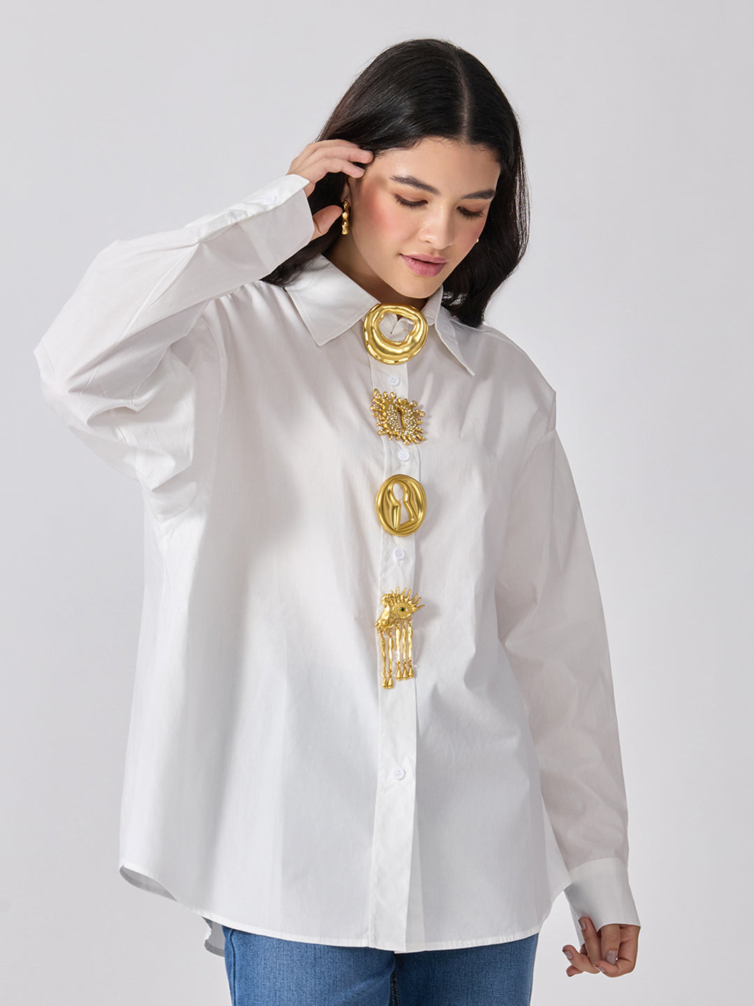 Women’s White Shirt with Gold Brooch Embellishments