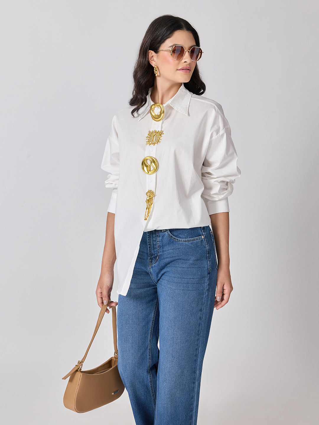 Women’s White Shirt with Gold Brooch Embellishments