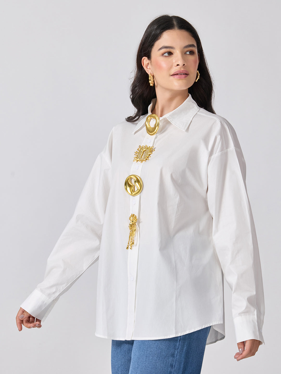 Women’s White Shirt with Gold Brooch Embellishments