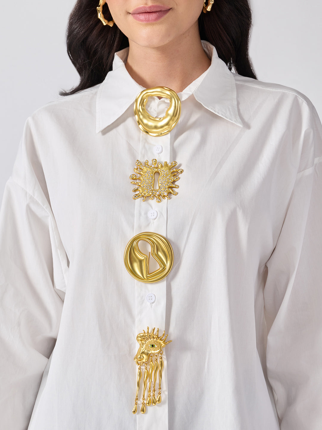 Women’s White Shirt with Gold Brooch Embellishments